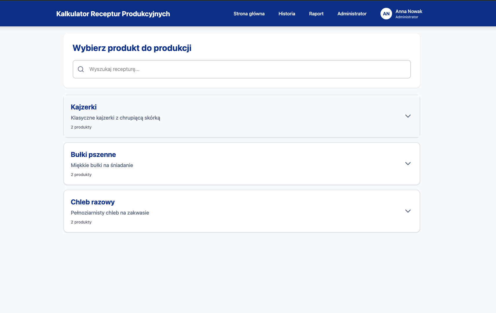 Kalkulator Receptur Produkcyjnych